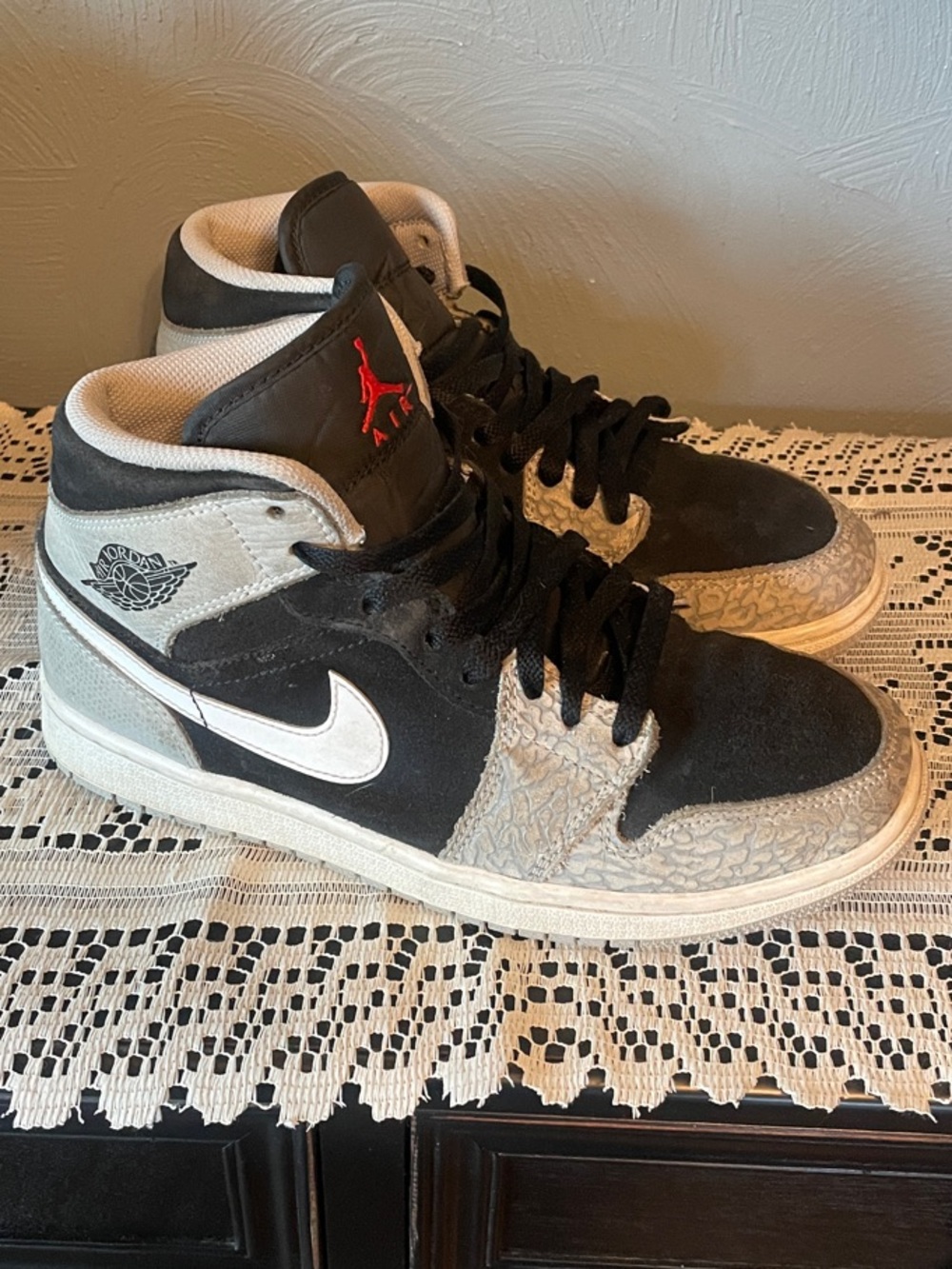 Jordan High-Top Sneakers in Black, White & Grey with Elephant Print